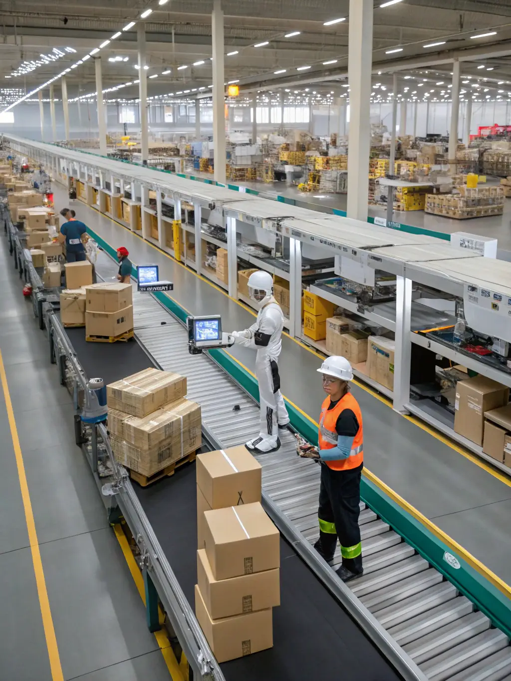 A vibrant image of an e-commerce warehouse with automated robots and conveyor belts, highlighting the efficiency and technology Musa Links brings to retail clients.