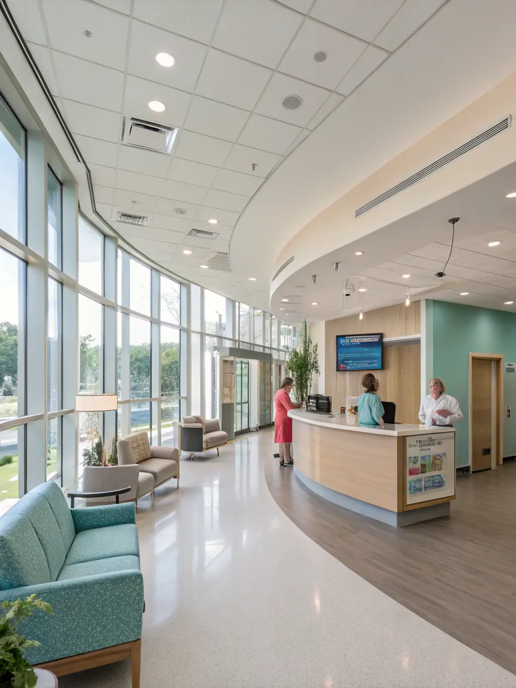 A clean and modern hospital lobby with digital displays and staff assisting patients, representing the healthcare industry.