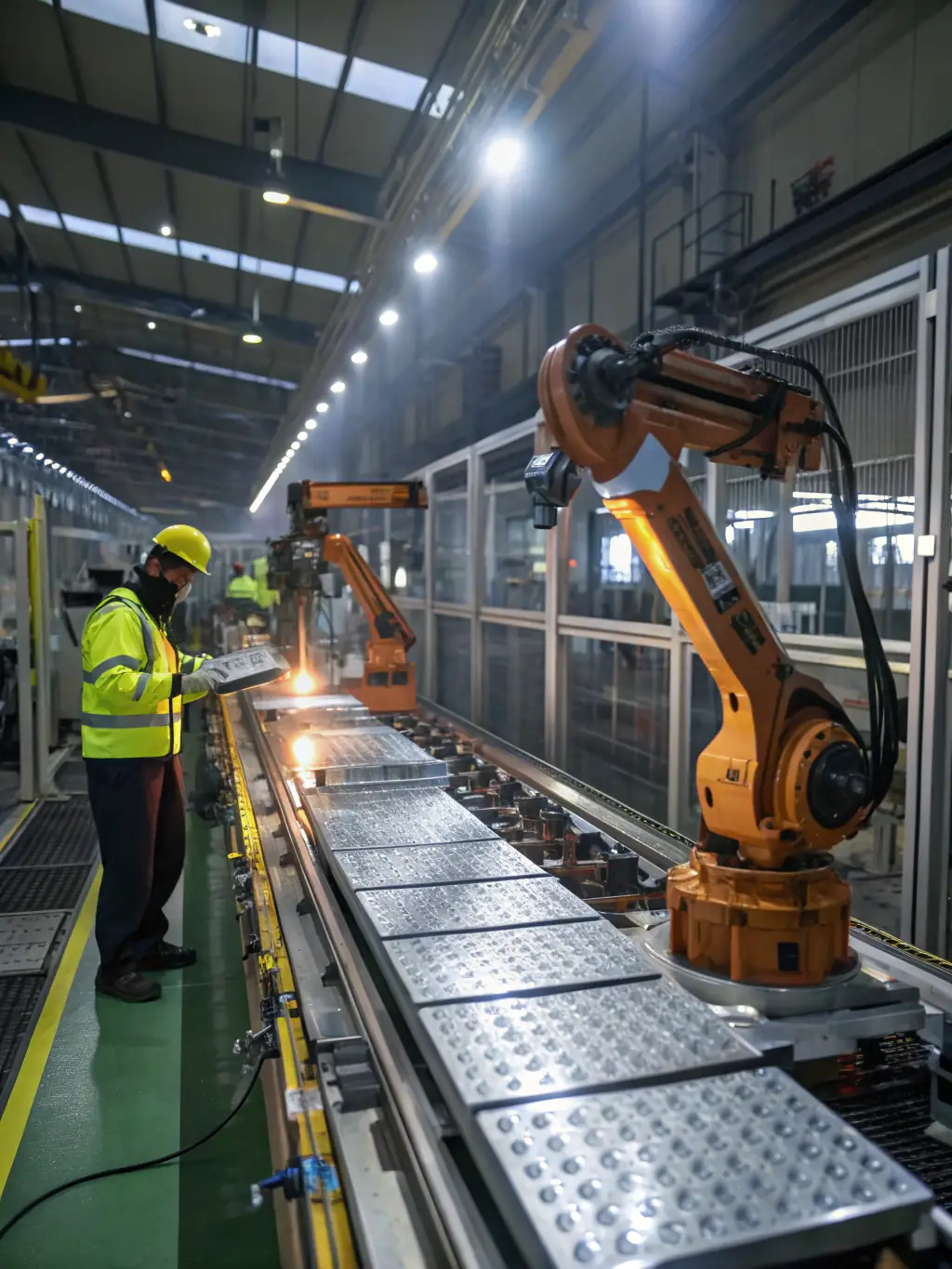 A bustling manufacturing plant with automated machinery and workers overseeing the production process, representing the manufacturing industry.