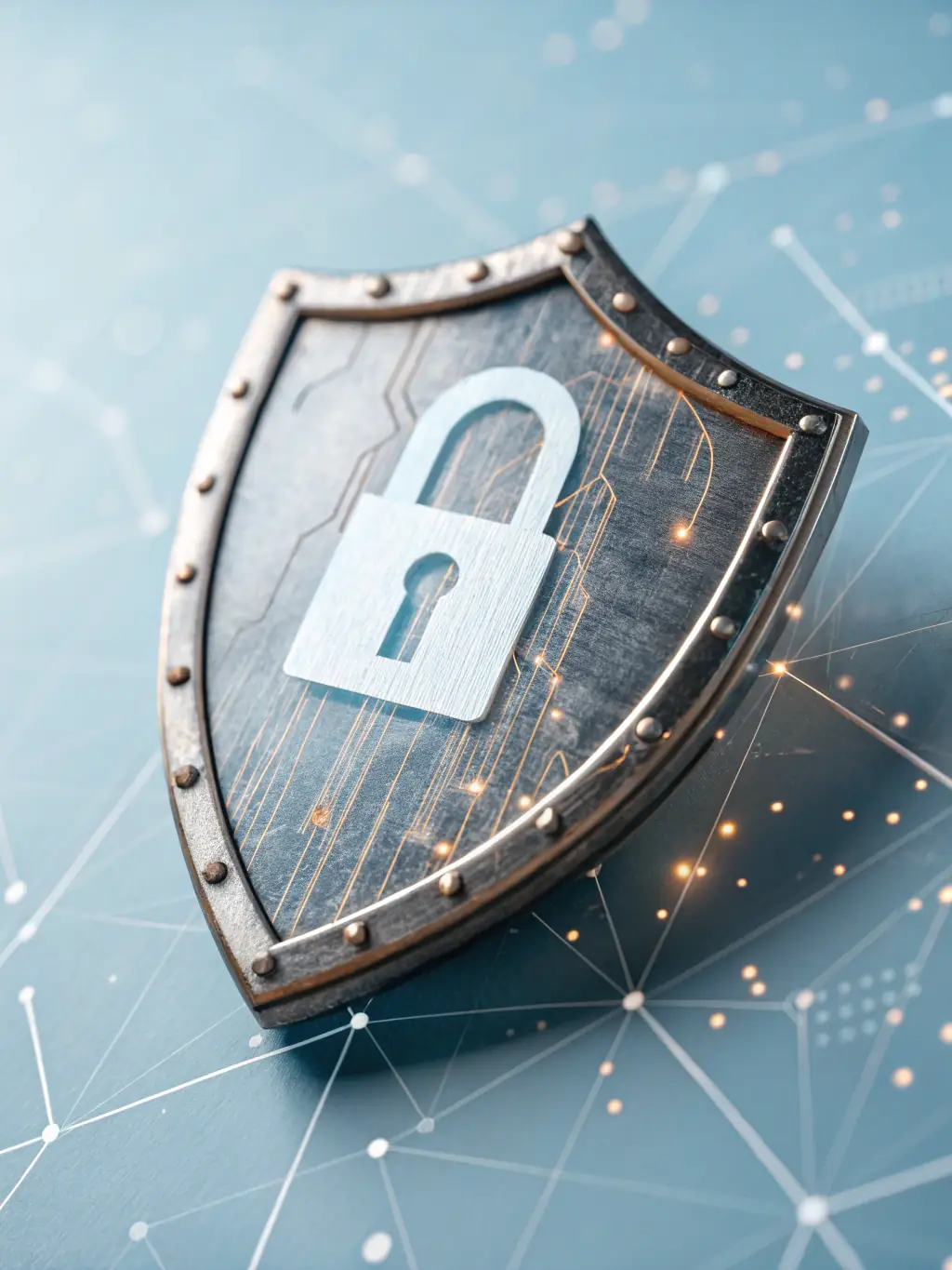 A digital shield icon with a lock, surrounded by code, illustrating Musa Links' cybersecurity services.