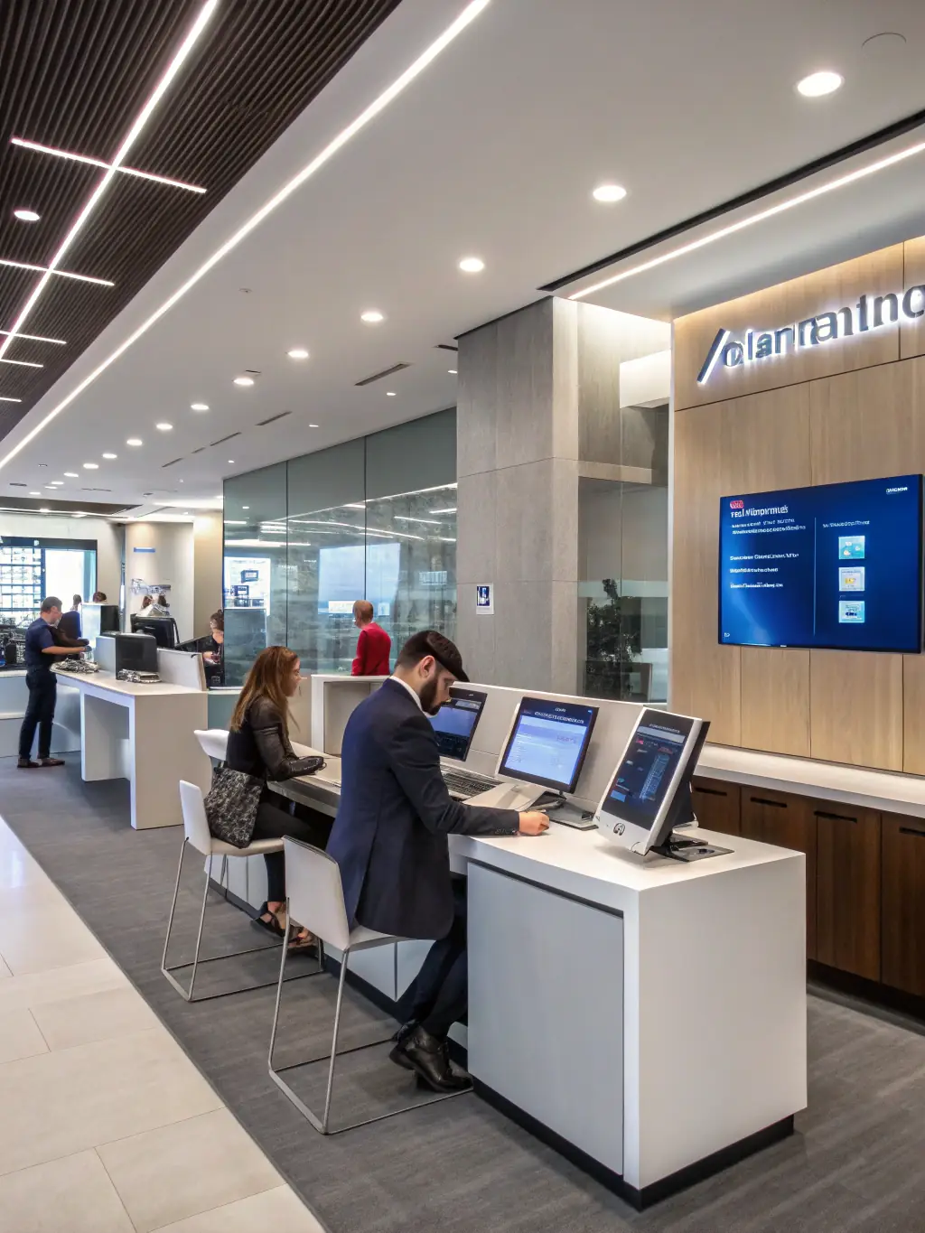 A professional photo of a modern financial office with people working on computers, representing the financial services industry.