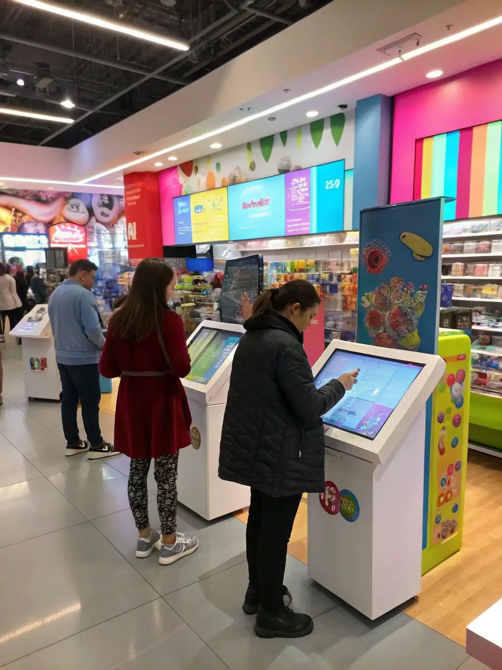 A vibrant retail store with customers browsing products and digital payment systems, representing the retail industry.
