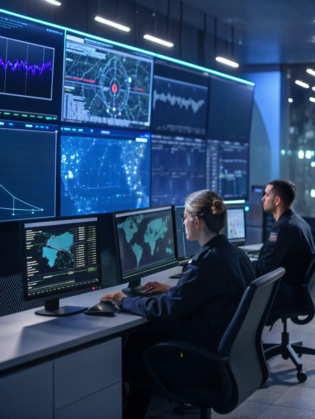 A secure, modern hospital network operations center with analysts monitoring cybersecurity threats, emphasizing Musa Links' commitment to protecting healthcare data.