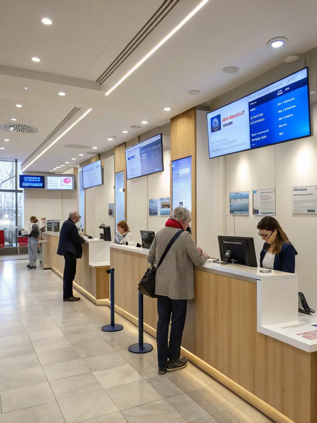 A professional photo of a modern bank branch interior, showcasing tellers assisting customers and digital displays showing financial data, representing Musa Links' expertise in financial services IT consulting.