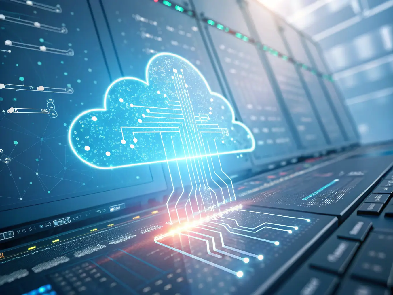 An image of a cloud with interconnected digital nodes representing cloud connectivity and data flow, used to illustrate Musa Links' cloud solutions.