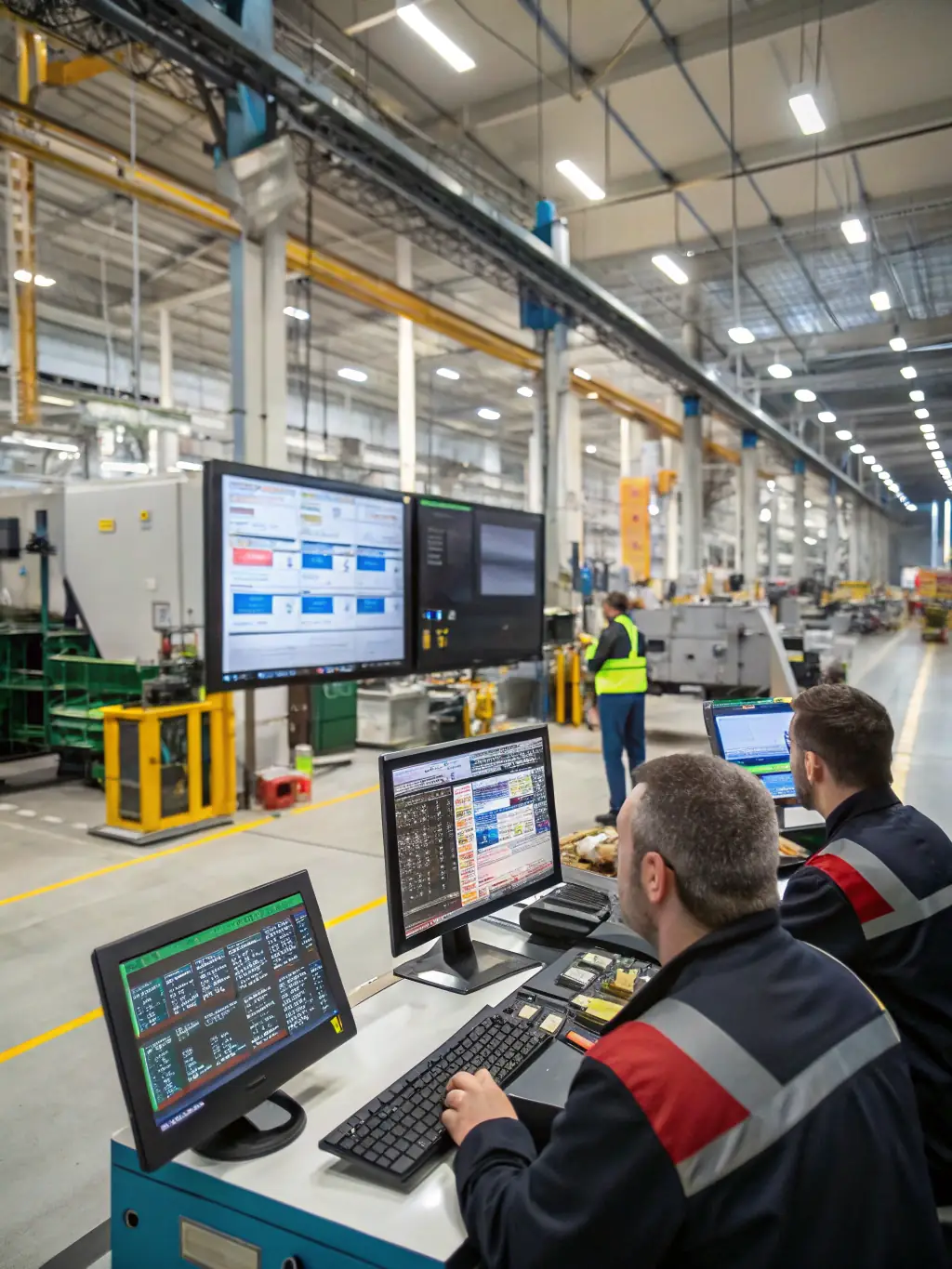 A high-tech manufacturing plant with integrated systems and data dashboards, illustrating Musa Links' ability to optimize manufacturing processes through IT solutions.