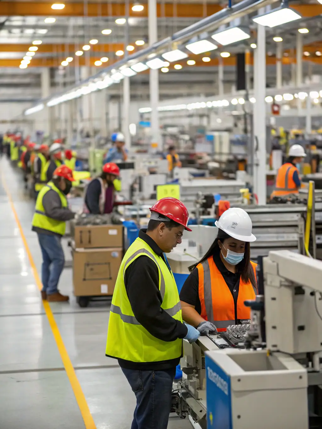 A bustling manufacturing plant with automated machinery and workers overseeing the production process, representing the manufacturing industry.