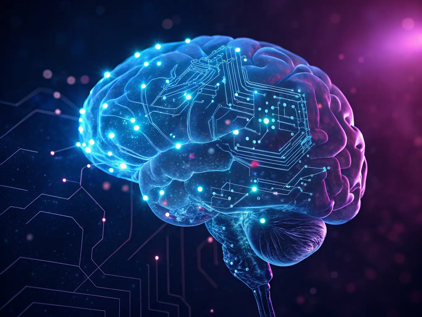 An image of a neural network diagram overlaid on a digital brain, symbolizing AI intelligence, used to represent Musa Links' AI services.